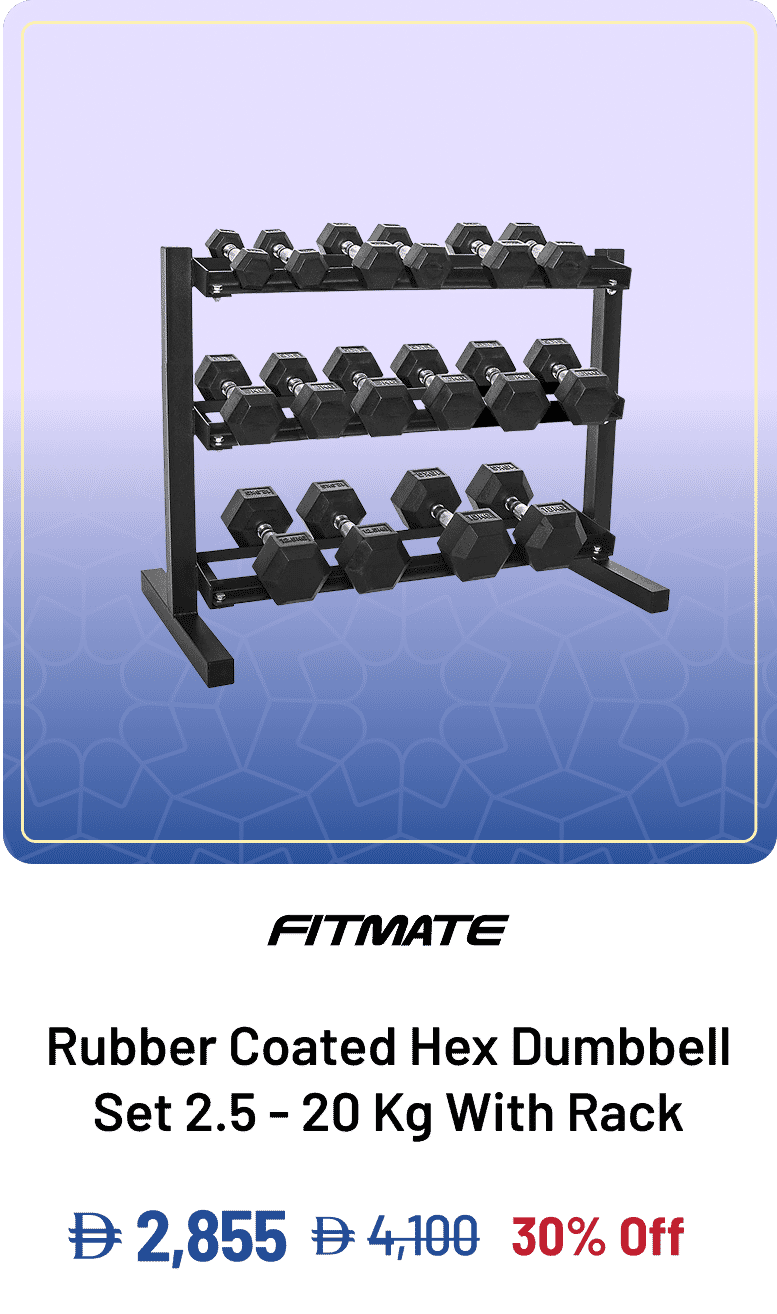 Fitmate Rubber Coated Hex Dumbbell Set 2.5 - 20 Kg With Dumbbell Rack