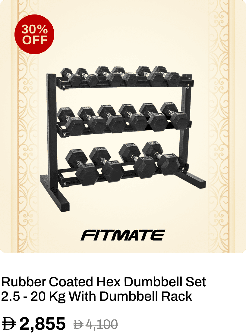 Fitmate Rubber Coated Hex Dumbbell Set 2.5 - 20 Kg With Dumbbell Rack