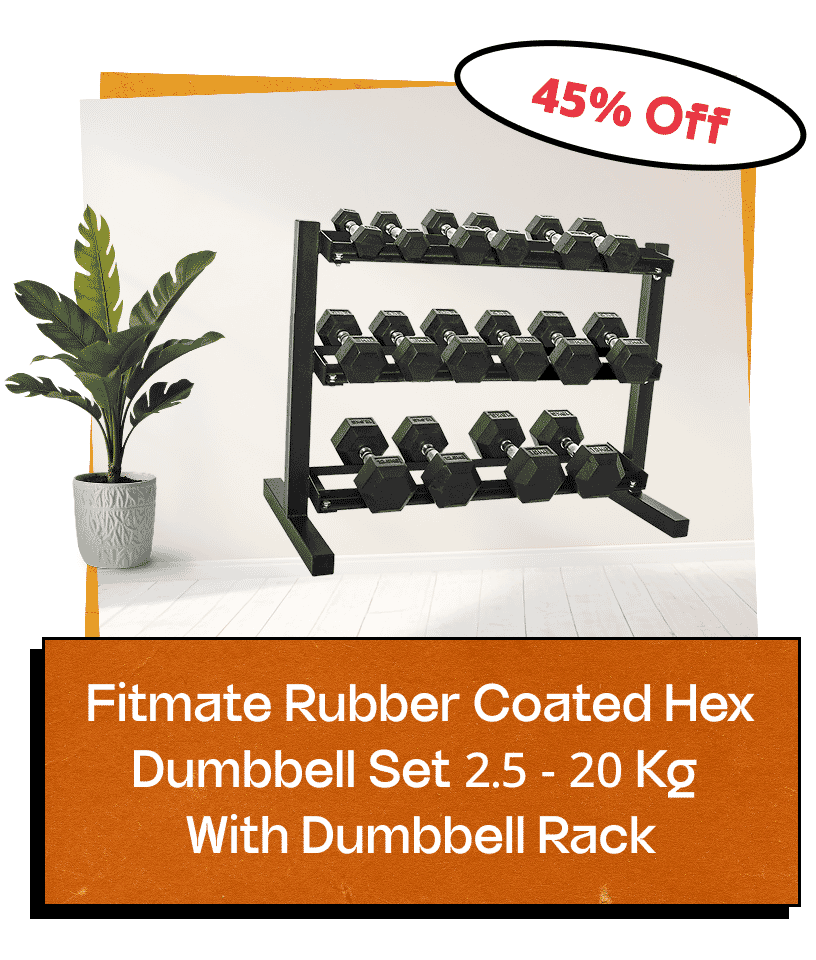 Fitmate Rubber Coated Hex Dumbbell Set 2.5 - 20 Kg  With Dumbbell Rack