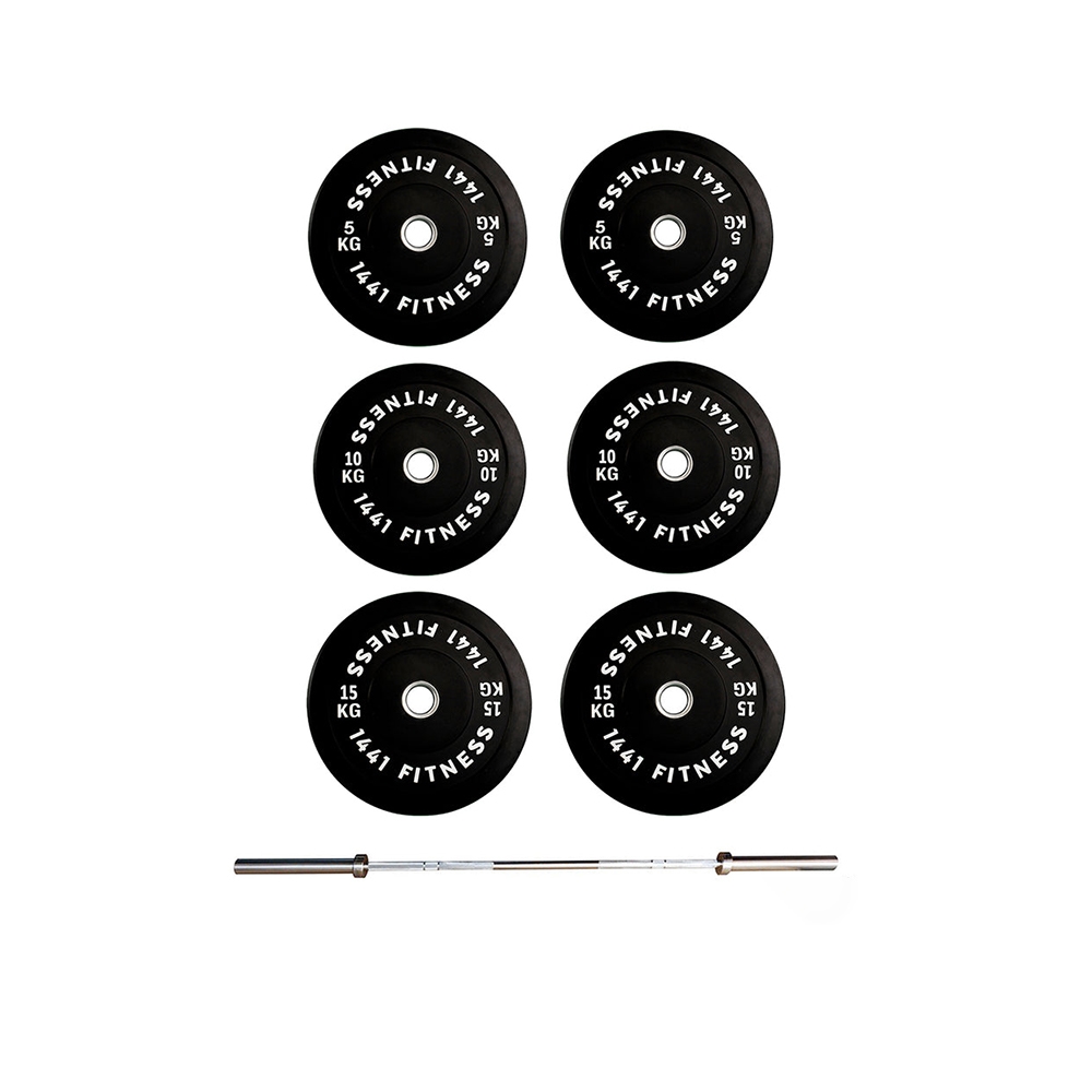 1441 Fitness 7 Ft Olympic Bar with Rubber Bumper Plates - 80 KG Set