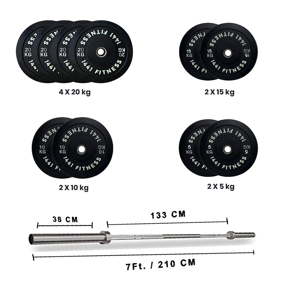 1441 Fitness 7 ft Olympic Barbell with Rubber Olympic Weight Plate | 160 Kg Set