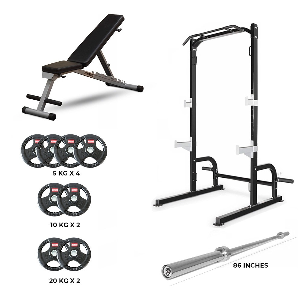 Marcy Squat Rack + Body Solid Multi-Bench + Straight Bar 86 Inches  + Weight Plate Set