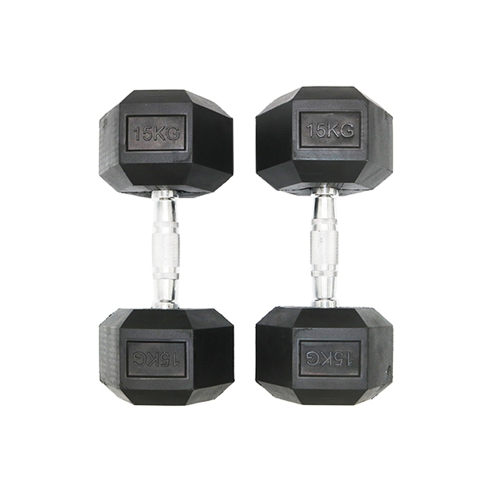 Knight Shot - Hex Rubber Dumbbell Black Cast Iron With High Grade Electroplated Handle 15Kg | Pair