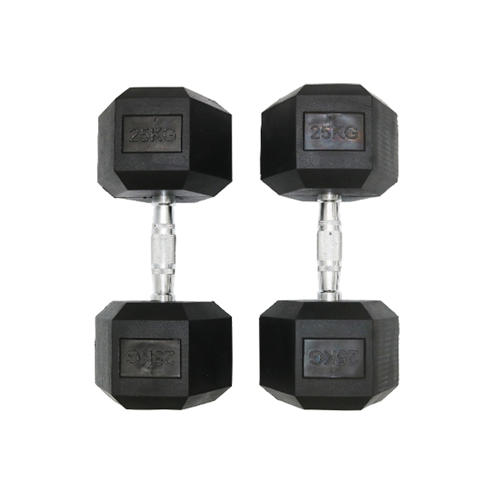 Knight Shot - Hex Rubber Dumbbell Black Cast Iron With High Grade Electroplated Handle 25Kg | Pair