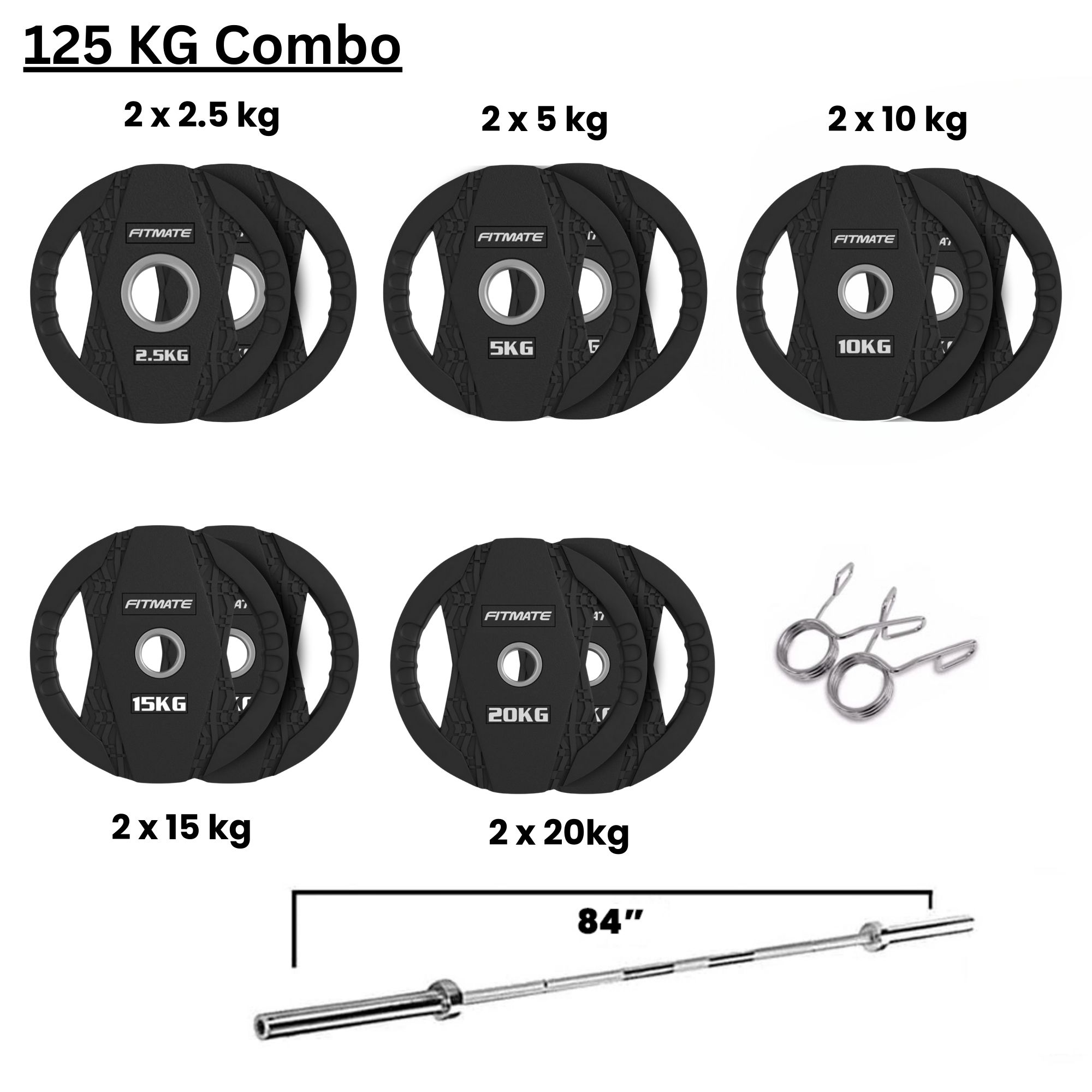 Fitmate Black Rubber Weight Plate Set With 7ft Olympic Bar - 125 Kg