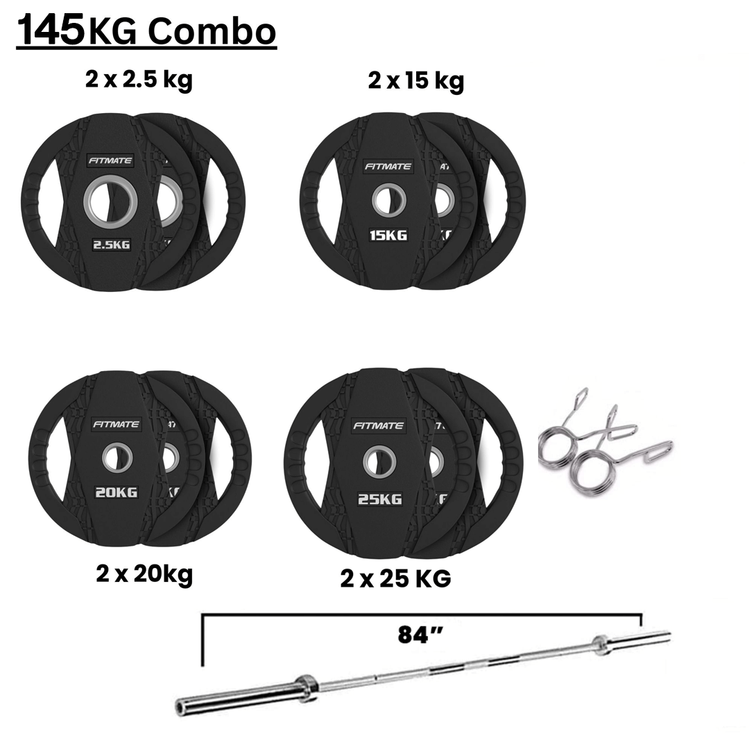 Fitmate Black Rubber Weight Plate Set With 7ft Olympic Bar - 145 Kg