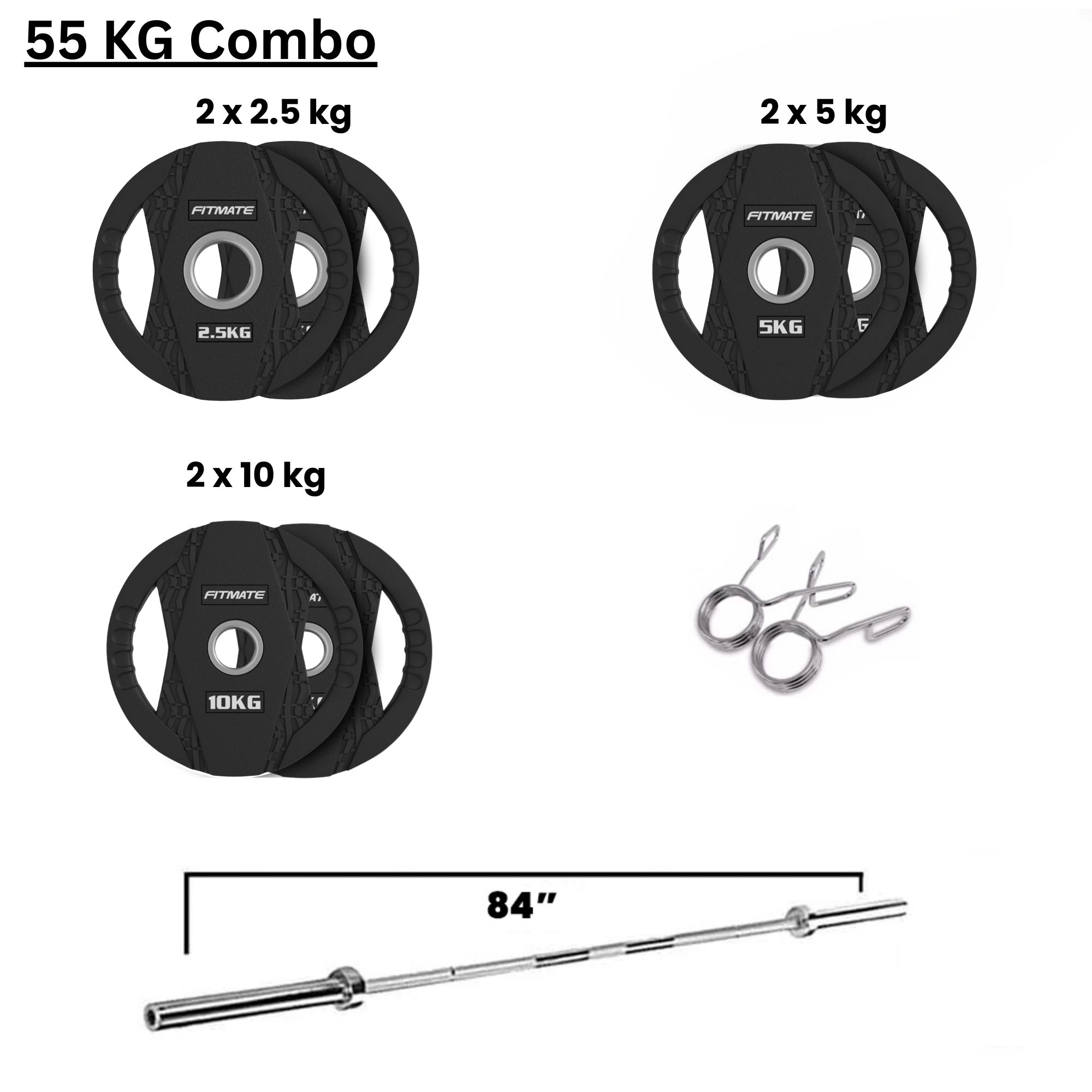 Fitmate Black Rubber Weight Plate Set With 7ft Olympic Bar - 55 Kg