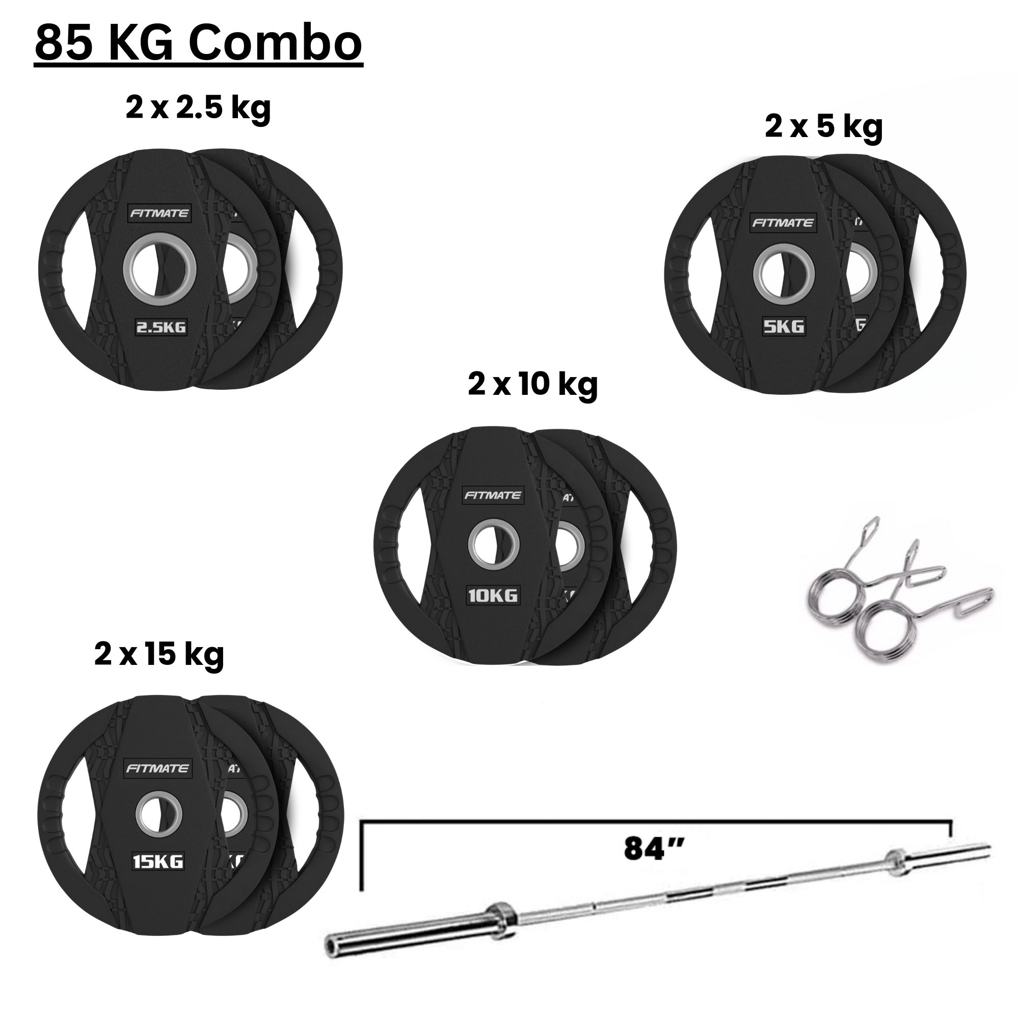 Fitmate Black Rubber Weight Plate Set With 7ft Olympic Bar - 85 Kg