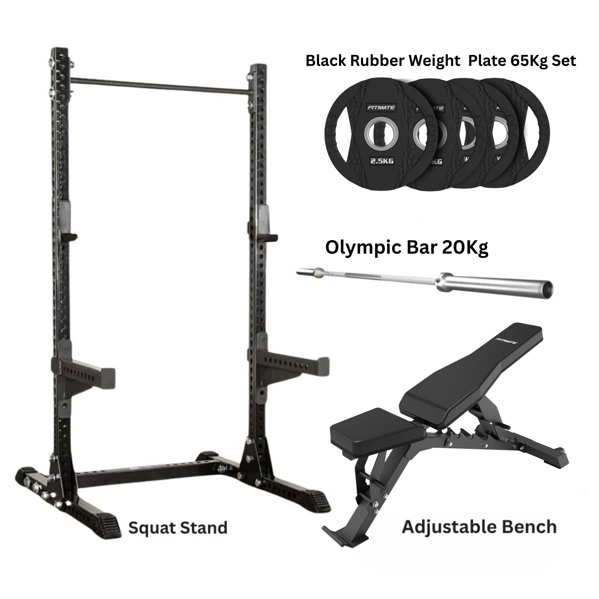 Fitmate Fitmate Squat Rack + Adjustable Bench + Fitmate Black Rubber Weight Plate + 7ft Olympic Bar Home Gym Combo