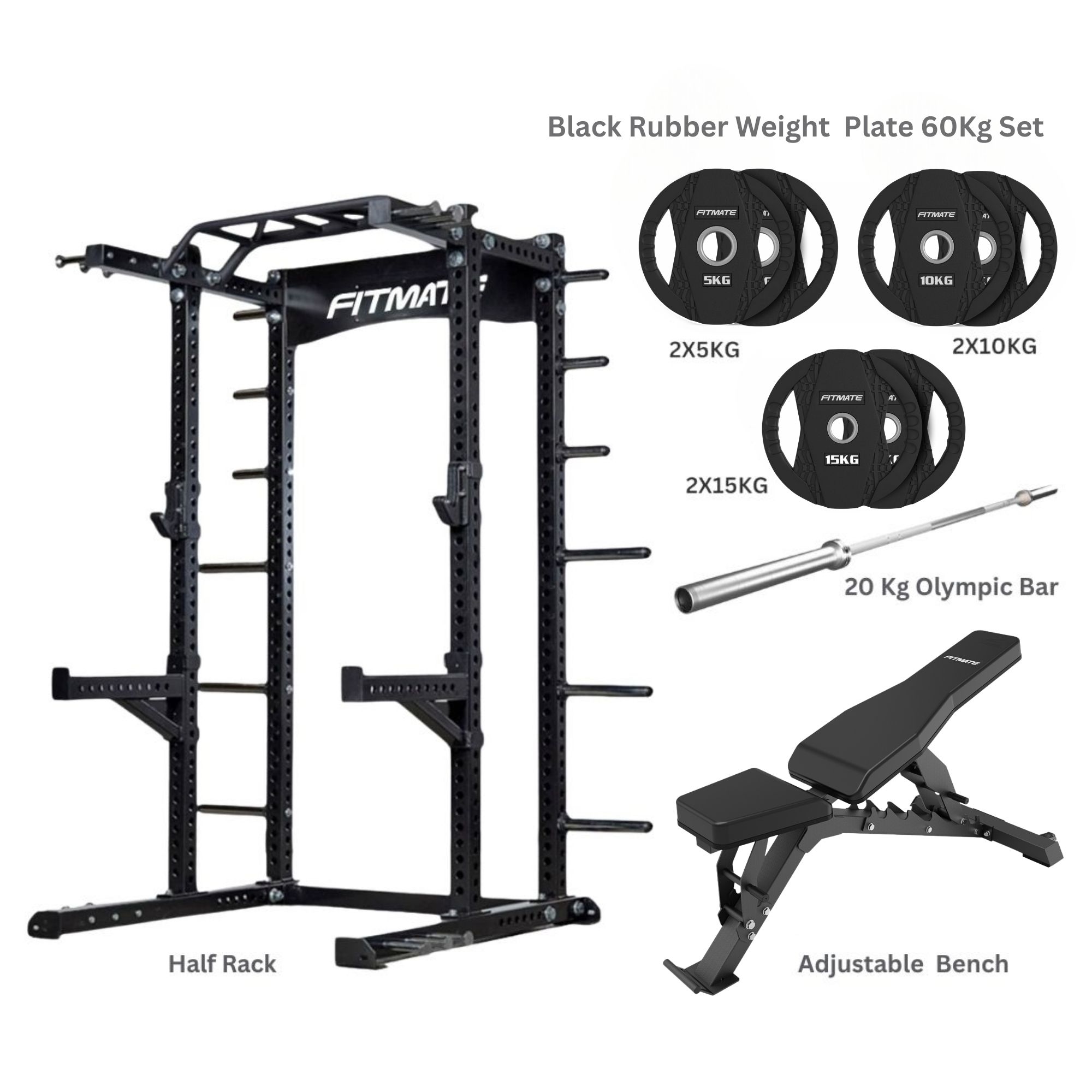 Fitmate X1 Half Rack + Fitmate Multi Adjustable Bench + Fitmate Black Rubber Weight Plate 60 Kg + 7ft Olympic Bar Home Gym Combo
