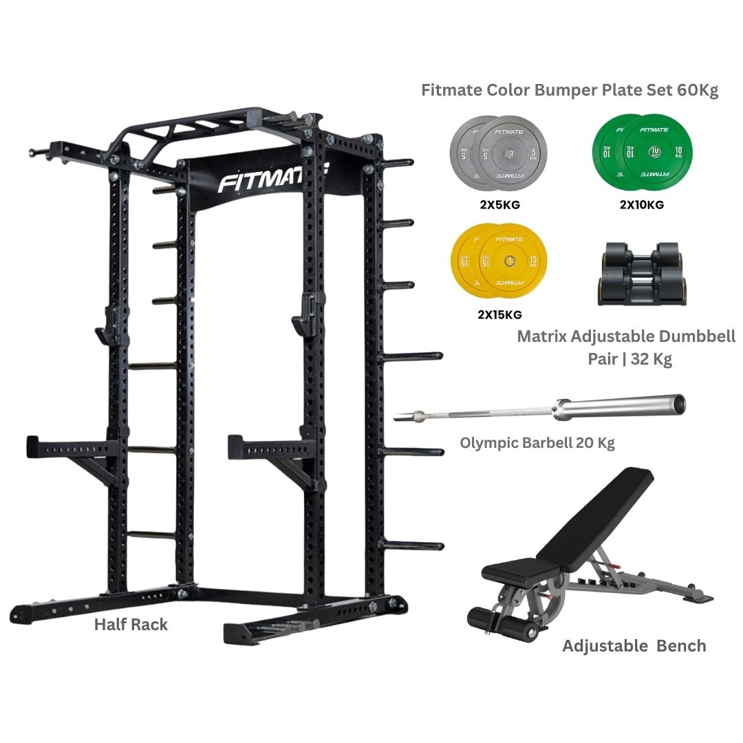 Fitmate X1 Half Rack + Insight Fitness Super FID + Fitmate Color Bumper Plate Set + Matrix Adjustable Dumbbell + 7ft Olympic Bar Home Gym Combo