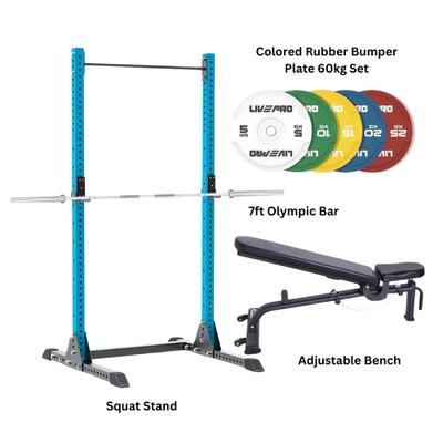 Livepro Squat Rack + Adjustable Bench + Colored Rubber Bumper Plate 60kg Set + 7ft Olympic Bar Home Gym Combo