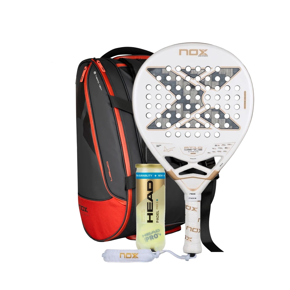 NOX AT10 Luxury GENIUS 12K Alum Xtrem 2026 Padel Racket + Nox Luxury Open Series Padel Bag Black & Red Combo