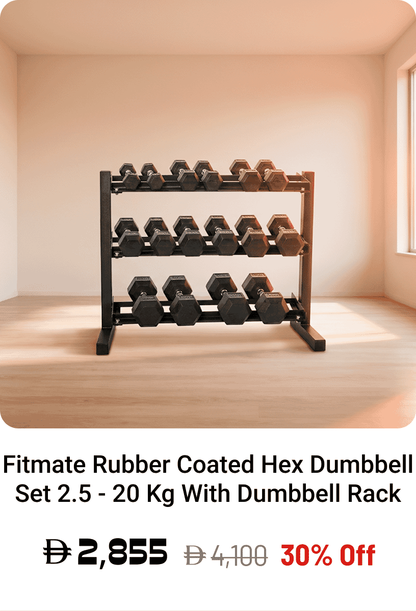 Fitmate Rubber Coated Hex Dumbbell Set 2.5 - 20 Kg With Dumbbell Rack