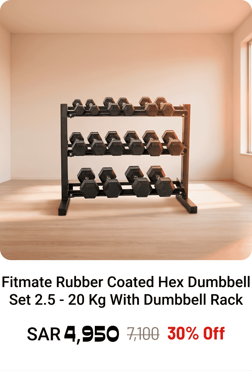 Fitmate Rubber Coated Hex Dumbbell Set 2.5 - 20 Kg With Dumbbell Rack