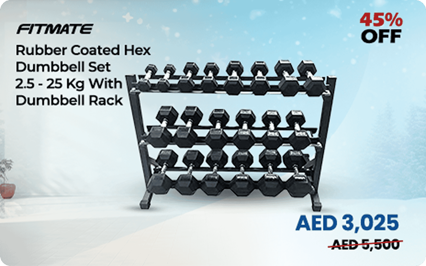 Fitmate Rubber Coated Hex Dumbbell Set 2.5 - 25 Kg With Dumbbell Rack